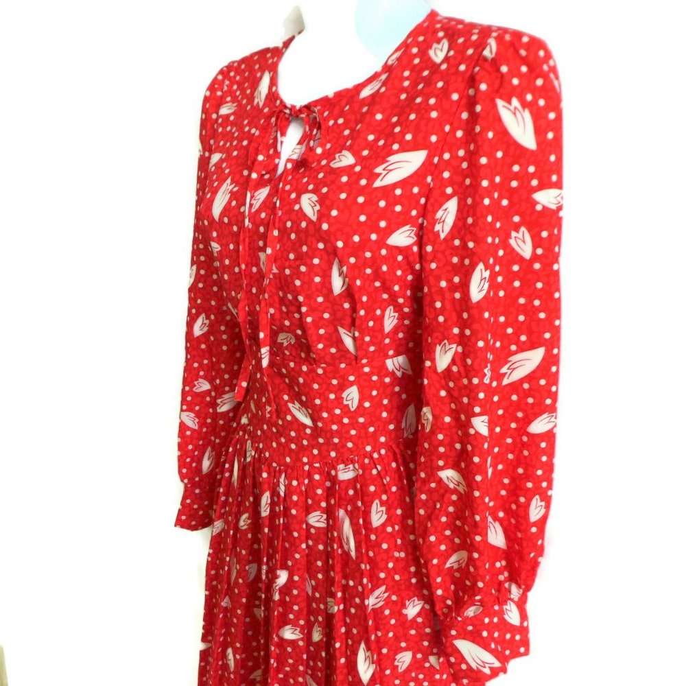 Vintage Style 80s Does 50s Dress Shirtwaist Red Polka Dot Zip Back Puff Sleeve - Picture 4 of 12